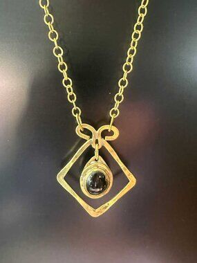 VTG Signed RAFAEL Canada Brass Necklace Black Murano Glass Cabochon Modernist